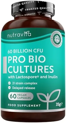 Nutravita Probiotics Cultures 60 Billion CFU, 21 Strain Complex with Lactobacillus Reuteri & Acidophilus - Bio Cultures Complex Probiotics & Prebiotics Supplements, 60 Vegan Capsules - Made in the UK