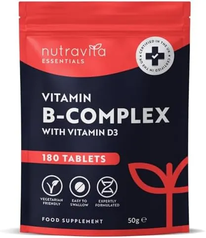 Nutravita Vitamin B Complex - 180 High Strength Tablets (6 Months Supply) - All 8 B Vitamins B1-B2-B5-B6-B12, Biotin, Folic Acid and Vitamin D3