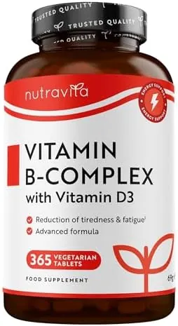 Nutravita Vitamin B Complex High Potency - 1 Full Year Supply - 8 Vitamins B1-B2-B3-B5-B6-B12, Biotin, Folic Acid & VIT D3 in 1 High Strength Micro Tablet - Reduction of Tiredness - Made in The UK