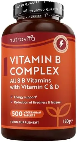 Nutravita Vitamin B Complex High Strength with Vitamin D + Vitamin C 500 Tablets for +1 Year of Supply, Energy-Yielding Metabolism - Reduction of Tiredness & Fatigue (EFSA) Made in The UK