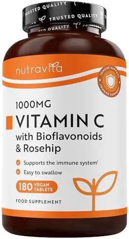 Nutravita Vitamin C 1000mg – 180 Premium Vegan & Vegetarian Tablets – 6 Month Supply – High Strength Ascorbic Acid – with Added Bioflavonoids & Rosehip – Normal Immune System – Made in The UK