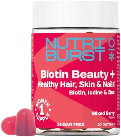 Nutriburst Biotin Beauty - Healthy Hair, Skin & Nails - Vegan Gummies • 2500mcg Biotin with Zinc, Iodine, Vitamins A, C, D3 & E - Mixed Berry Flavour • Sugar Free
