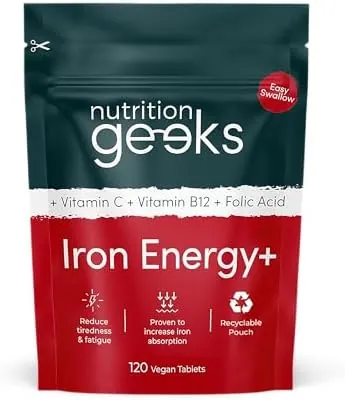 Iron Tablets High Strength - Energy Tablets with Vitamin C, B12 & Folic Acid - 120 Vegan Iron Supplements for Women and Men - 14mg - Enhanced Energy Support & Increased Absorption - UK Made