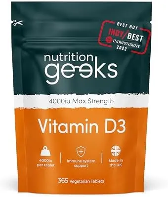 Nutrition Geeks, Vitamin D 4000 iu - 1 Year Supply, 365 Easy-Swallow Tablets Vegetarian D3 iu, High Strength Supplet UK Made VIT & Vitamins Awarded by The Independent