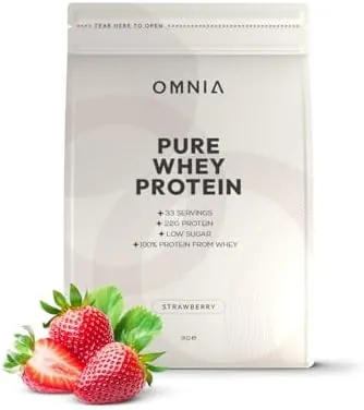OMNIA Pure Whey Protein Powder, Nutrition Low Carbs and Low Sugar Muscle Building Powder, Over 22G Protein Per Serving - 33 Servings - 1 KG - Strawberry