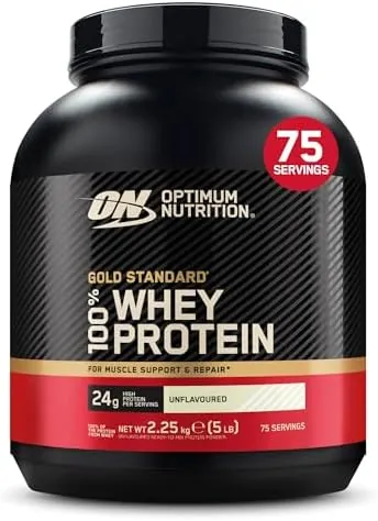 Optimum Nutrition Gold Standard 100% Whey Protein Powder for Muscle Building and Recovery, Unflavoured, 2.25kg, 75 Servings, Package May Vary