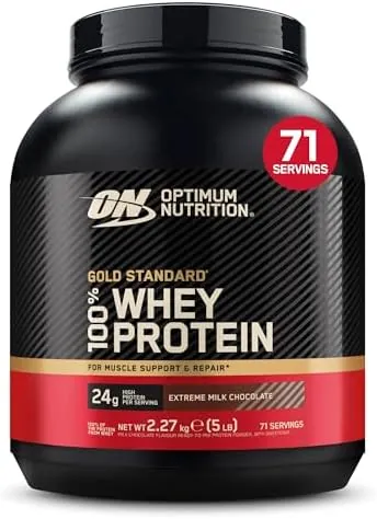 Optimum Nutrition Gold Standard Whey Muscle Building and Recovery Protein Powder With Naturally Occurring Glutamine and Amino Acids, Extreme Milk Chocolate, 71 Servings, 2.27kg, Packaging May Vary