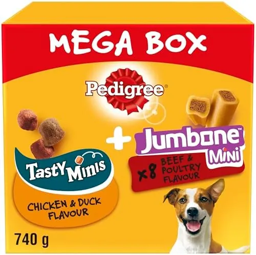 Pedigree Mega Box - Dog treat multipack with 3 Tasty Minis chicken and duck flavour and 8 Jumbone Mini beef and poultry flavour, 740g