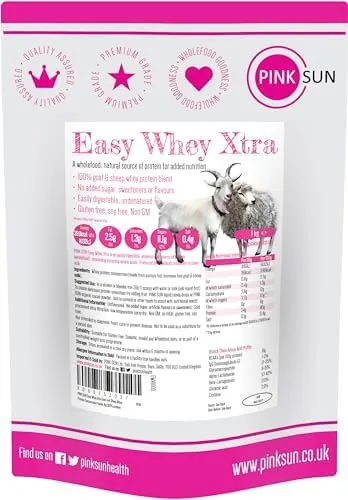 PINK SUN Goat Sheep Whey Protein Powder 1kg (80% Protein) Pure Unflavoured Concentrate Soy Free Gluten Free Undenatured Non GM Easy Whey Xtra 1000g