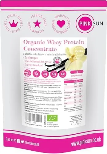 PINK SUN Organic Whey Protein Powder Vanilla Flavour 1kg Concentrate Shake Soy Free Grass Fed Gluten Free Vegetarian Undenatured Non GM Certified Bio UK