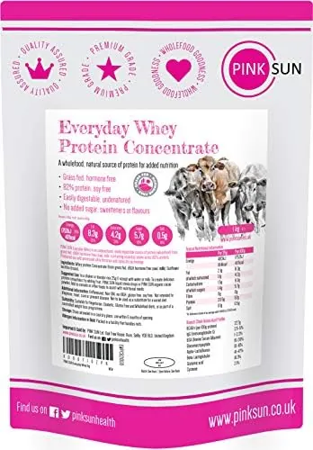 PINK SUN Whey Protein Concentrate Powder Unflavoured 1kg (82% Protein) Soy Free Grass Fed Gluten Free Vegetarian Undenatured Non GM Unsweetened Everyday Whey UK 1000g