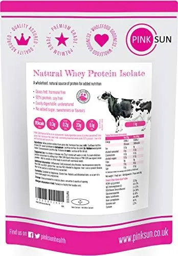 PINK SUN Whey Protein Isolate Powder Unflavoured 1kg (92% Protein) Soy Free Grass Fed Gluten Free No Additives Vegetarian Undenatured Non GM Unsweetened Natural Whey UK 1000g