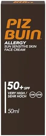 Piz Buin Allergy Sun Sensitive Skin Face Cream SPF 50+ (50ml), Facial Sunscreen with UVA/UVB Filters, Protective Moisturising Lotion for Delicate Complexions, Sweat & Water Resistant