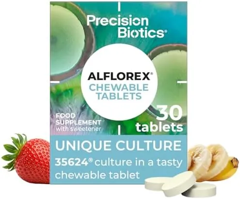 Alflorex Chewable - Daily Gut Health Probiotics Supplement with Unique Bifidobacterium Longum Bacteria Strain 35624® - Bacterial Cultures - Strawberry & Banana Flavour - 30 Chewable Tablets