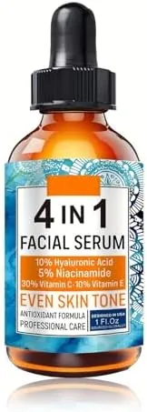 4 in 1 Facial Serum with 10% Hyaluronic Acid, 5% Niacinamide, 30% Vitamin C & 10% Vitamin E, Even Skin Tone Antioxidant Formula Professional Skincare 30ml