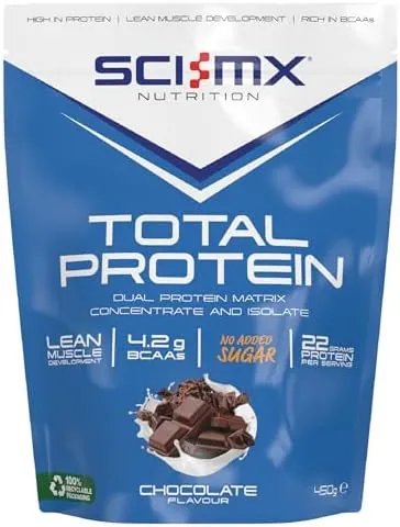SCI-MX Total Protein - Concentrate & Isolate Powder - Lean Muscle Development - Chocolate • No Added Sugar • 4.2g BCAAs + 22g Protein per Serving • 450g