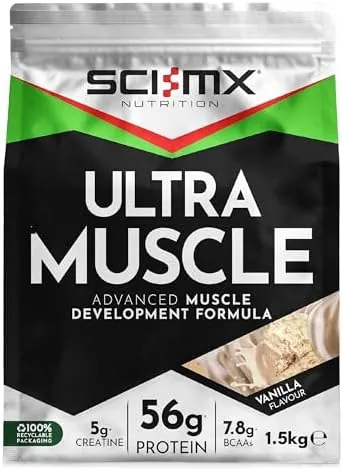 SCI-MX Ultra Muscle - Protein Powder for Muscle Development + 23 Vitamins & Minerals - Vanilla • 56g Protein + 5g Creatine + 7.8g BCAAs per Serving • 1.5kg