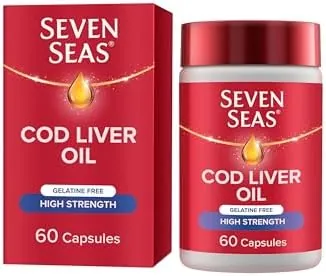 Seven Seas High Strength Cod Liver Oil Tablets With Omega-3, Fish Oil, Gelatine Free, EPA and DHA, Plus High Strength Vitamin D, 60 Capsules