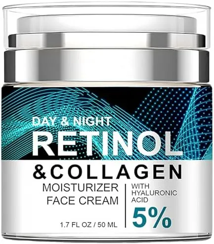Retinol Cream Anti Wrinkle Face Cream, 50ml Anti Aging Collagen-Cream with 5% Hyaluronic Acid, 24-Hour Facial-Care for Most Skin Types, Reduces Wrinkles, Lifting and Firming