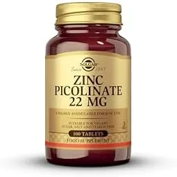 Solgar Zinc Picolinate 22 Mg Tablets - Healthy Skin, Hair and Nails - Highly absorbable Premium Form, Easy to Swallow - Vegan, Pack of 1, 100 Tablets