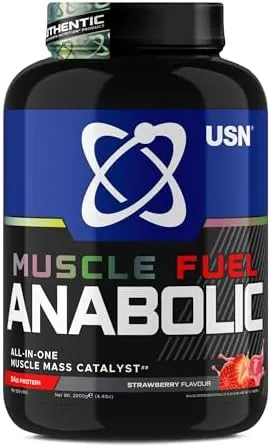 USN Muscle Fuel Anabolic All-In-One Muscle Mass Gainer, Strawberry Flavour - 2kg, 54g Protein Powder, 5g Creatine Powder & 5g BCAA Powder For Maximum Muscle Growth, Post Workout Recovery Drink Mix
