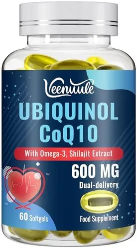 Ubiquinol CoQ10 600mg Softgels with Shilajit Extract 300mg, Omega-3 150mg - Dual-delivery System - Enhanced Absorption for Maximum Active CoQ10 Utilization (60 Count, Pack of 1)