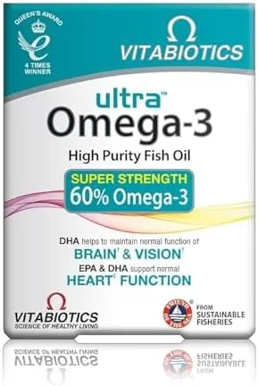 Vitabiotics Ultra Omega-3 Fish Oils Capsules with DHA EPA Nutritional Supplements for Heart Brain and Eye Vision, 60 Count