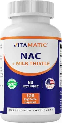 Vitamatic NAC Supplement N-Acetyl-L-Cysteine (NAC) with Milk Thistle 50:1 Extract - Supports Immune, Respiratory, Liver Health, 1200 mg per Serving, 120 Veg Capsules