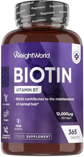 Biotin Tablets - 365 Vegan Tablets - 1 Year Supply - 1 Tablet per Day - 12000mcg Biotin Supplements - Travel-Friendly, Non-GMO & Magnesium Stearate-Free Vitamin B7 Supplement