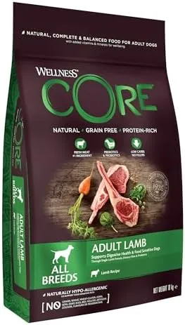 Wellness CORE Lamb 10 kg, Lamb – Dry Dog Food for All Dog Breeds, Grain-Free, Natural, Hypoallergenic, Protein-Rich, High Meat Content, Supports Healthy Digestion