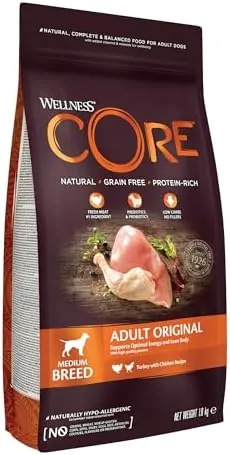 Wellness CORE Original 1.8 kg, Chicken & Turkey – Dry Dog Food for Medium Breeds, Grain-Free, Natural, Hypoallergenic, Protein-Rich, High Meat Content, Supports Optimal Energy & Lean Body