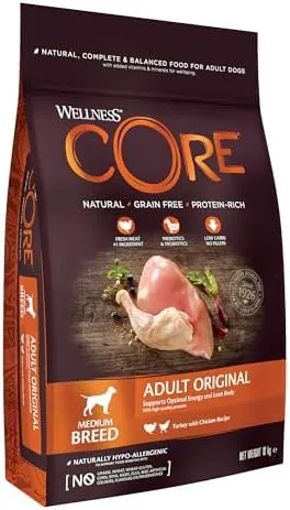 Wellness CORE Original 10 kg, Chicken & Turkey – Dry Dog Food for Medium Breeds, Grain-Free, Natural, Hypoallergenic, Protein-Rich, High Meat Content, Supports Optimal Energy & Lean Body