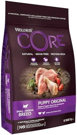 Wellness CORE Puppy 10 kg, Chicken & Turkey – Dry Dog Food for Small & Medium Breed Puppies, Grain-Free, Natural, Hypoallergenic, Protein-Rich, High Meat Content, Supports Brain & Eye Development