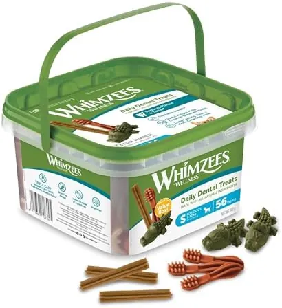 WHIMZEES Variety Box Dental S, 56 Pieces – Mixed Shapes, Size S, Dog Chews for Small Breeds, Natural and Grain Free, Rawhide-Free, Vegetarian, No Added Sugar