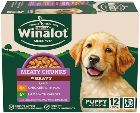 WINALOT Meaty Chunks Puppy Mixed in Gravy Wet Dog Food Pouches 12x100g (Pack of 4)