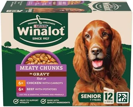 WINALOT Meaty Chunks Senior Mixed in Gravy Wet Dog Food Pouches 12x100g (Pack of 4)