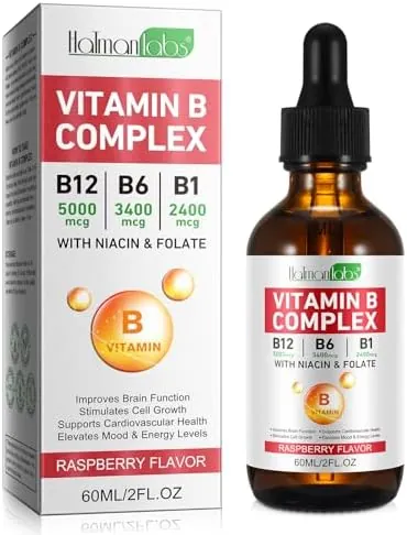 Liquid Vitamin B Complex Supplement, B Vitamins Complex - Vitamin B12 B1 B6 Niacin & Folate, 60ml, Raspberry Flavour - Supports Brain Heart Function, Elevates Mood & Energy Levels
