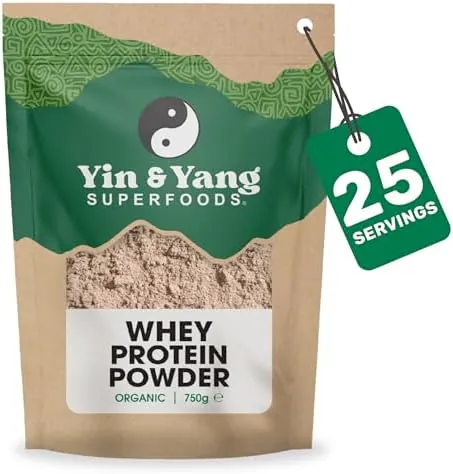 Organic Whey Protein 750g, by Yin & Yang Superfoods. Grass Fed, 19.4g of Protein Per Serving, Natural Chocolate Flavour, with Pure Cacao and Coconut Sugar (25 Servings)