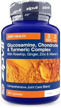 Zipvit Glucosamine and Chondroitin High Strength Complex with Turmeric, Vitamin C, Rosehip, Ginger & Zinc. Joint Supplements 180 Capsules
